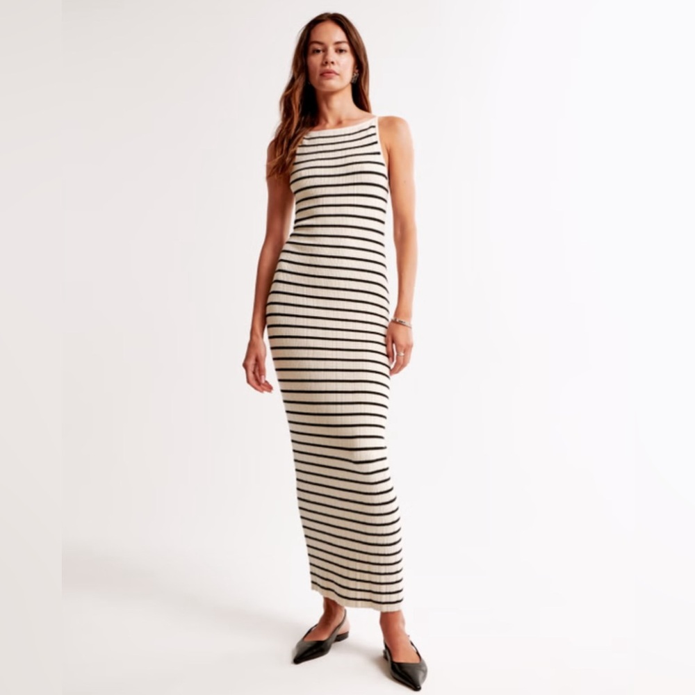 Abercrombie & Fitch Cream and Black Striped Ribbed Midi Dress